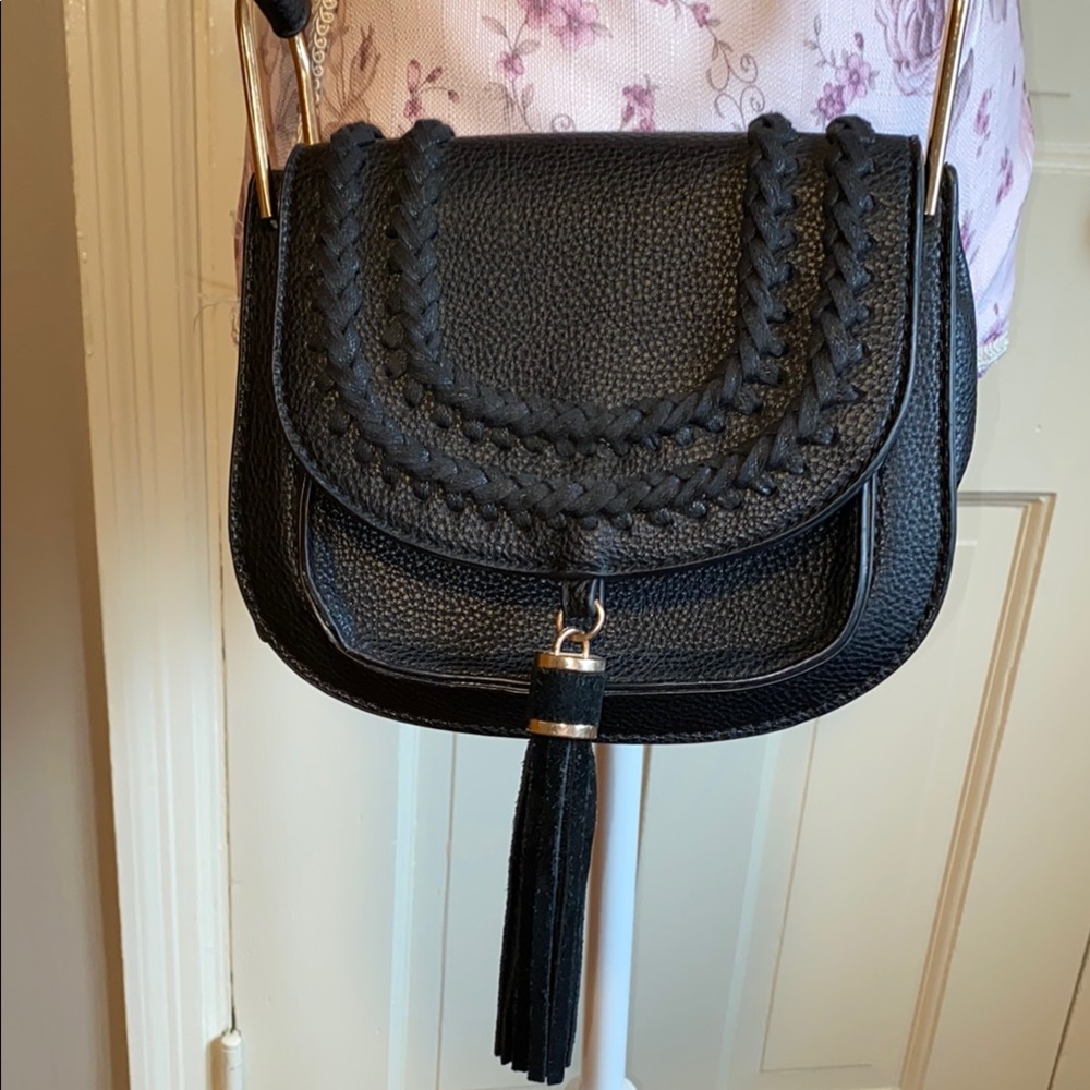 Moda Luxe small Black Braided Crossbody bag with tassel